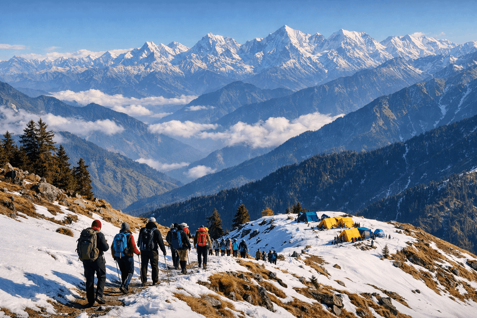 Kedarkantha trek in winter with snow-covered trail, Himalayan peaks, and trekkers walking towards the campsite